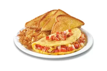 Denny’s 55+ Omelette with vegetables, cheese, hash browns, and toast for seniors.