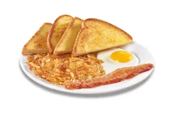 Denny’s 55+ Starter breakfast with eggs, bacon, sausage, and hash browns.
