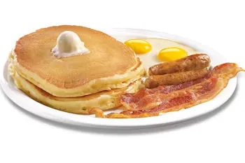 Denny’s Build Your Own Grand Slam with customizable pancakes, eggs, bacon, and sausage choices.