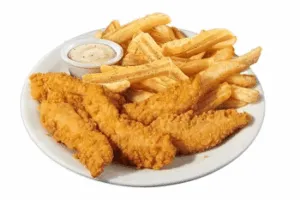 Denny’s crispy chicken tenders served with golden fries.