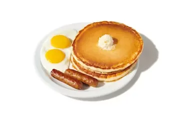 Denny’s Everyday Value Slam with two pancakes, eggs, bacon, and sausage links at an affordable price.