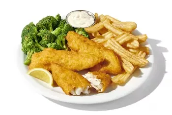 Denny’s Fried Fish Platter with golden battered fish fillets, fries, and coleslaw.