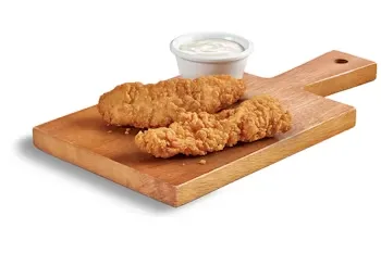 Denny’s Jr. Premium Chicken Tenders served with dipping sauce for kids.