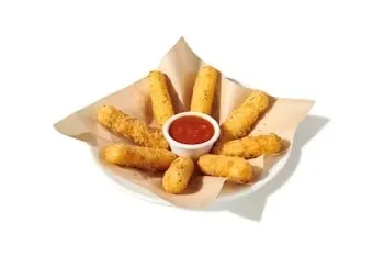 Denny’s Mozzarella Cheese Sticks served golden brown with marinara sauce.