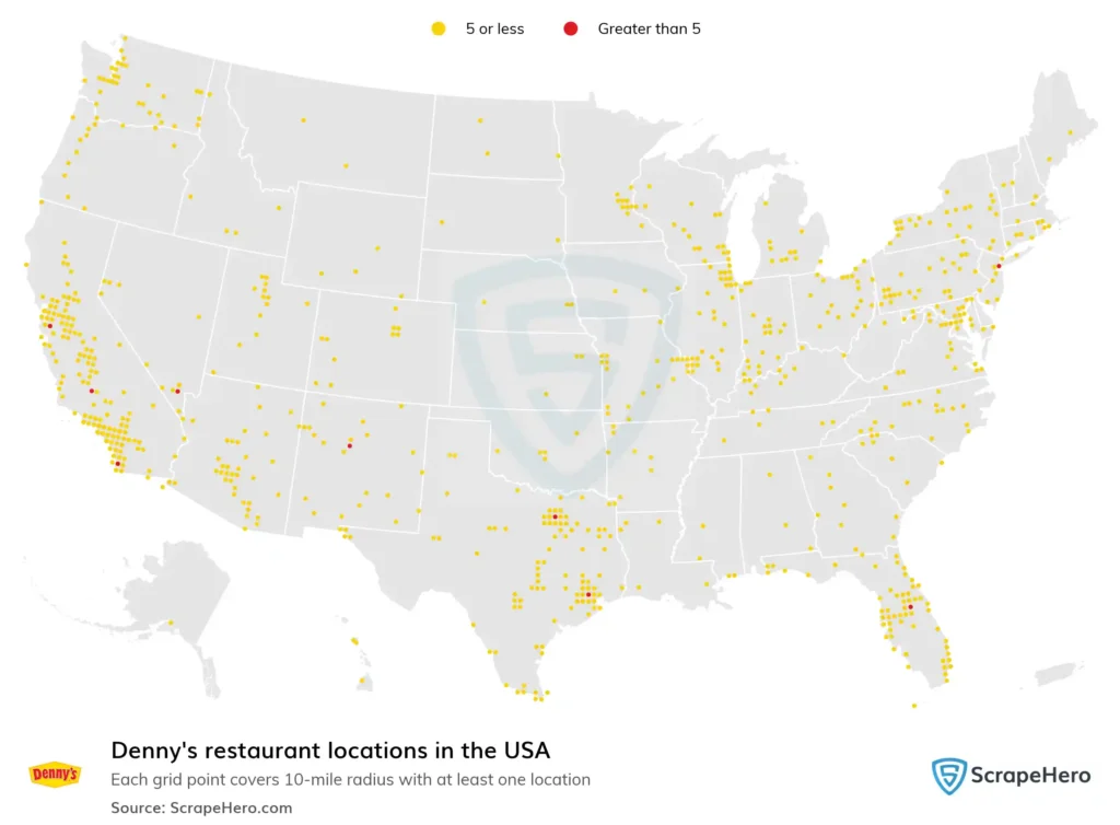 A map showing number of Denny's Location across the USA.